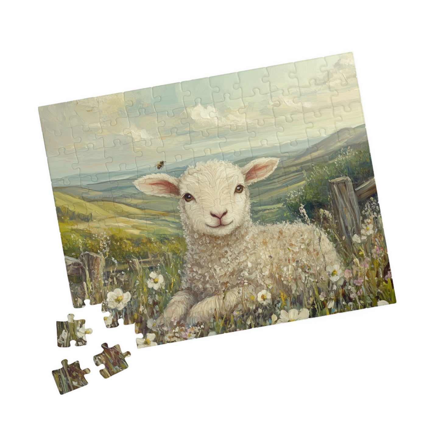 Lamb in Wildflowers Puzzle | Sheep in Countryside Landscape | 110/252/520/1014-piece 110 pcs (Horizontal) Puzzle The Puzzle Chest