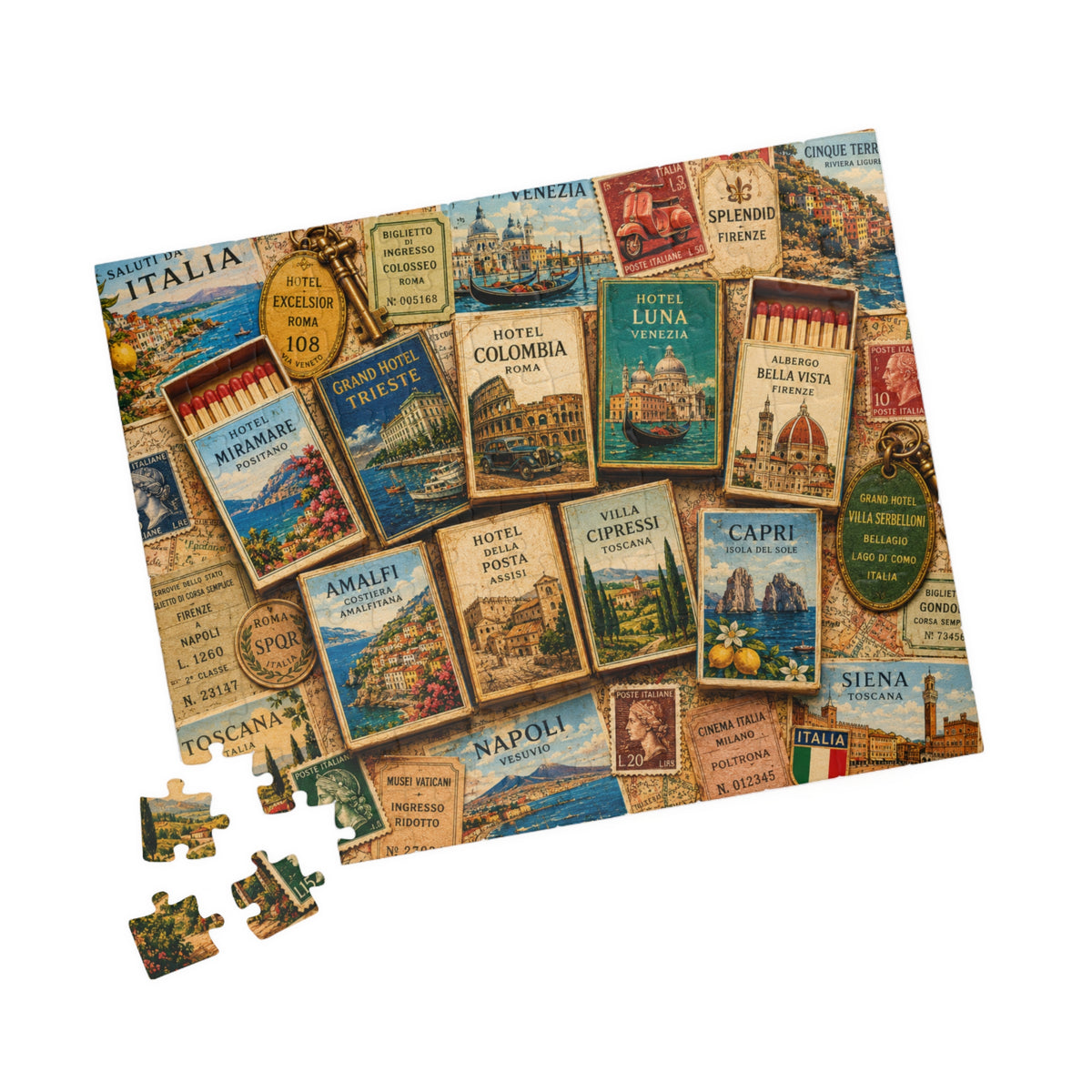 Italy Matchbook Puzzle | Italian Travel Memorabilia Jigsaw | Mediterranean Landmark European Vacation Nostalgia 110 pcs (Horizontal) Puzzle The Puzzle Chest