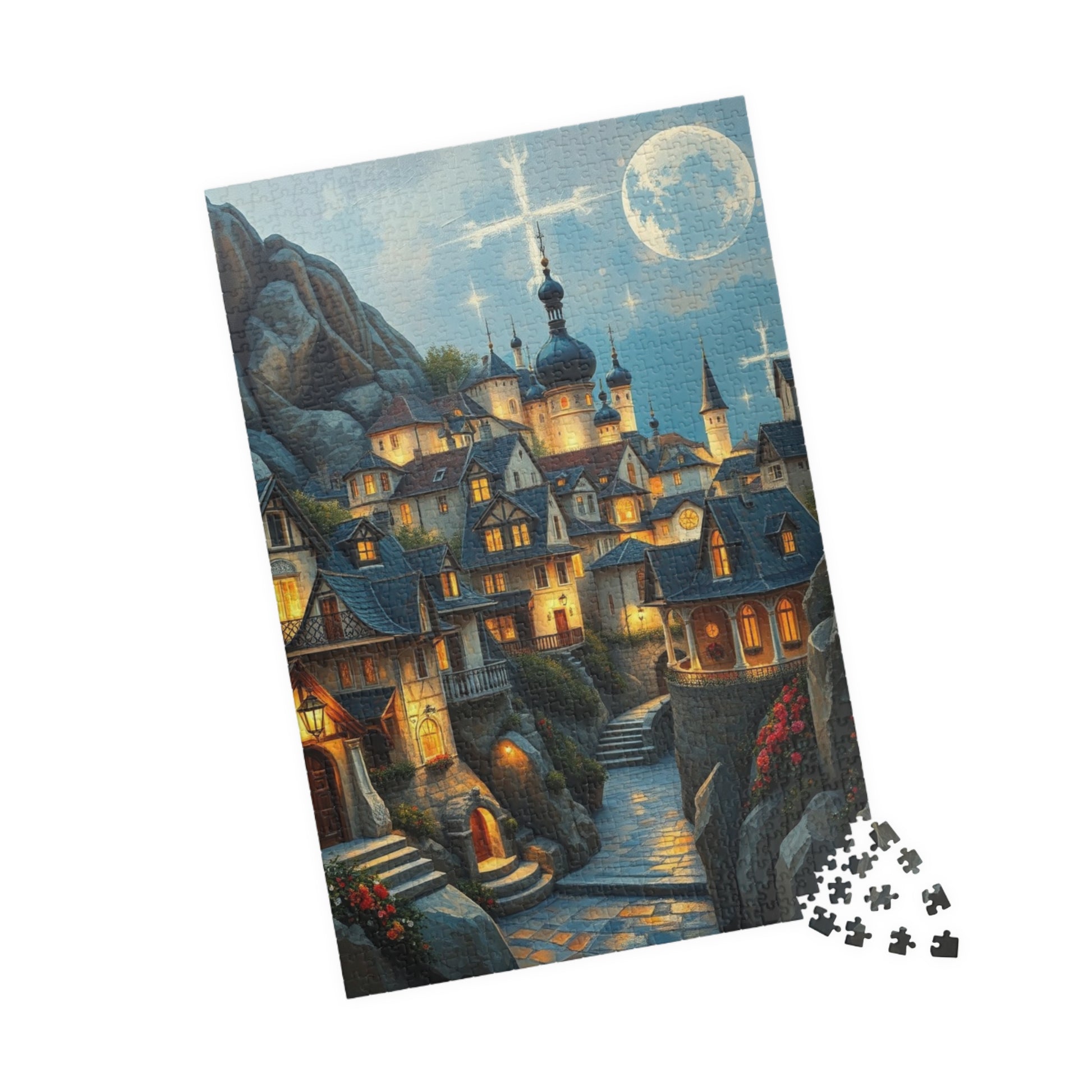 Mountain Village Puzzle, Elegant Moonlite Town Adult Jigsaw Game, Relaxing Indoor Hobby, Solo Activity, Family Fun, Holiday Birthday Gift The Puzzle Chest