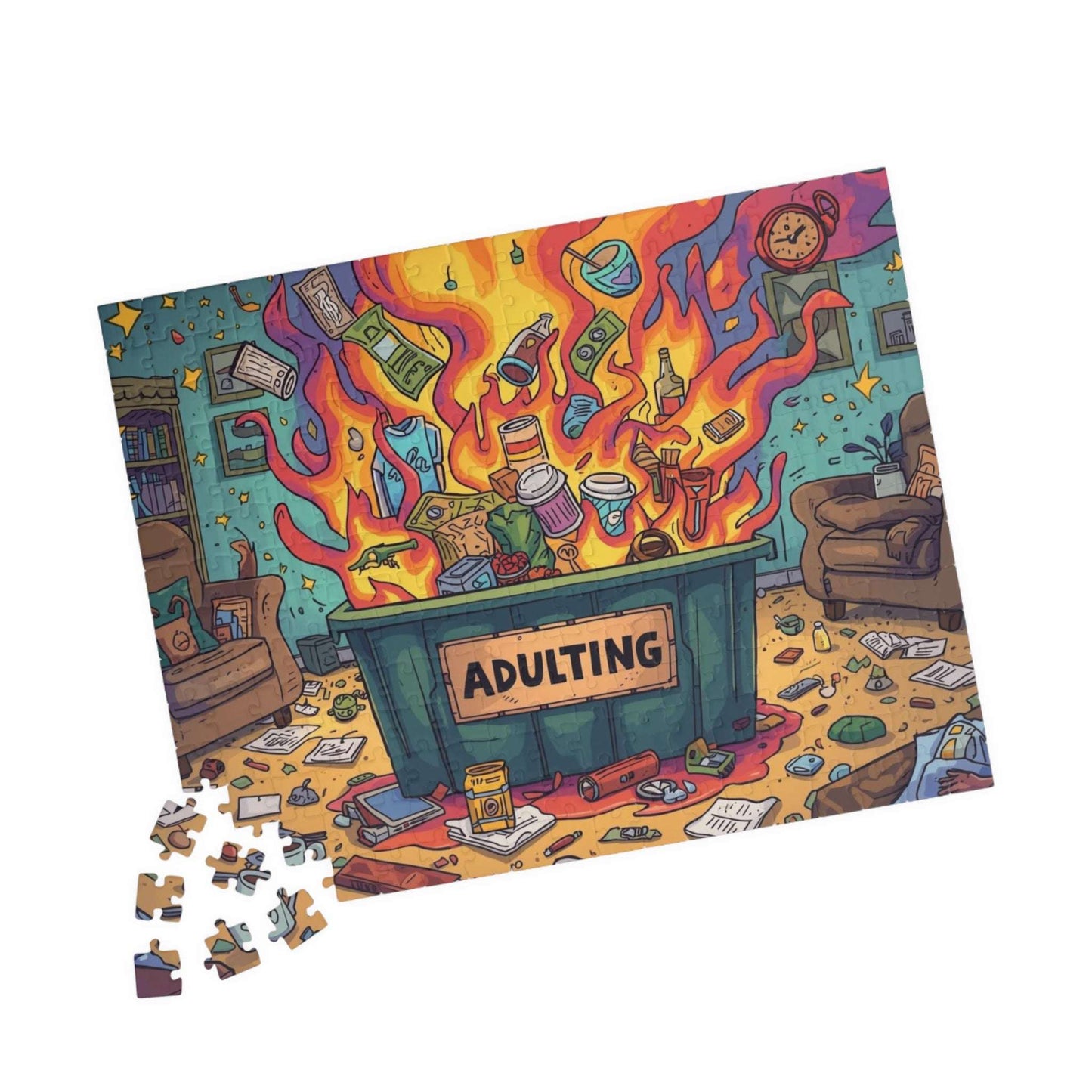 Adulting Dumpster Fire Jigsaw Puzzle - Funny Meme Theme, Mindfulness Activity, Holiday Birthday Gift for Adults, Entertainment, Brain Teaser 252 pcs (Horizontal) Puzzle The Puzzle Chest