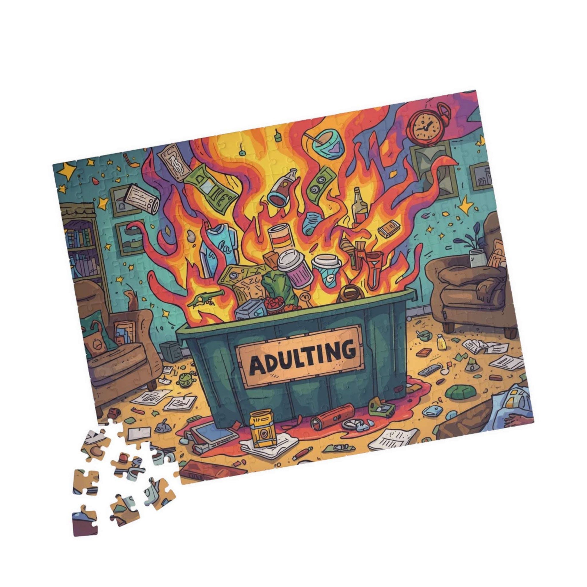 Adulting Dumpster Fire Jigsaw Puzzle - Funny Meme Theme, Mindfulness Activity, Holiday Birthday Gift for Adults, Entertainment, Brain Teaser 252 pcs (Horizontal) Puzzle The Puzzle Chest