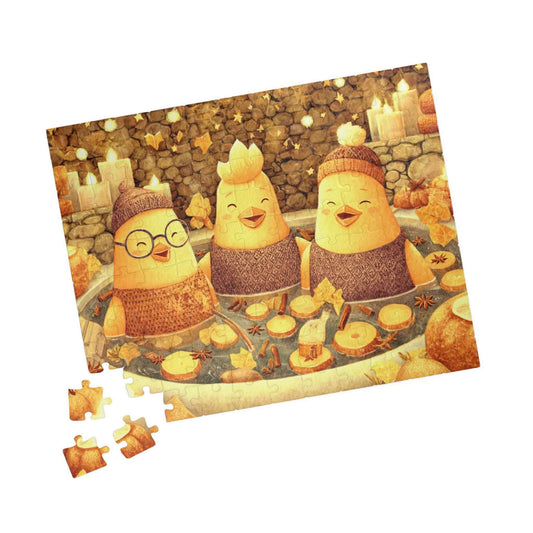 Pumpkin Spice Spa Chickens Puzzle – Cozy Fall Fairy-Tale Jigsaw, Autumn Fun Family Game, Cute Chick Characters 110 pcs (Horizontal) Puzzle The Puzzle Chest