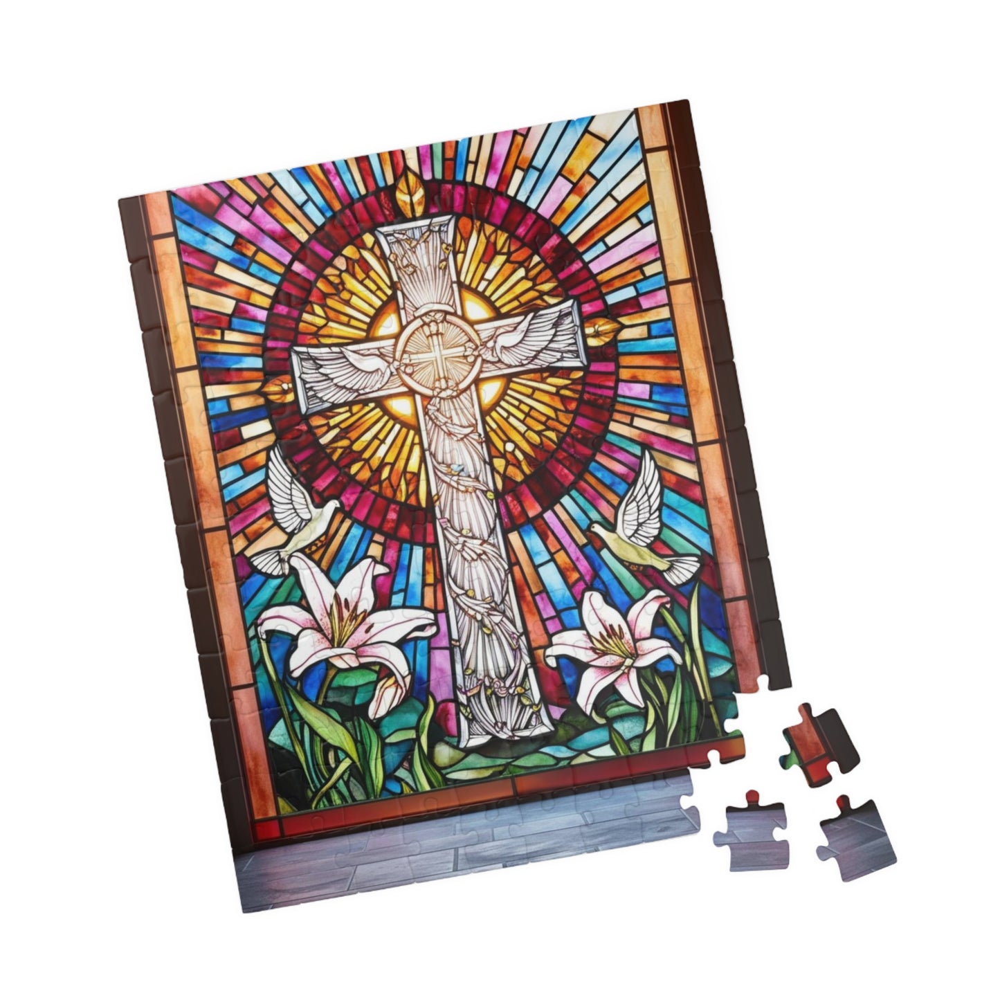 Stained Glass Cross Puzzle (110, 252, 520, 1014-piece), Faith-Based Religious Jigsaw Game, Colorful Puzzle for Christians and Puzzle Lovers