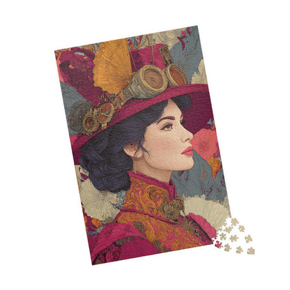 Vibrant Steampunk Lady Jigsaw Puzzle – Artistic Floral Background and Vintage Gear Hat 1014 pcs (Vertical) Puzzle The Puzzle Chest