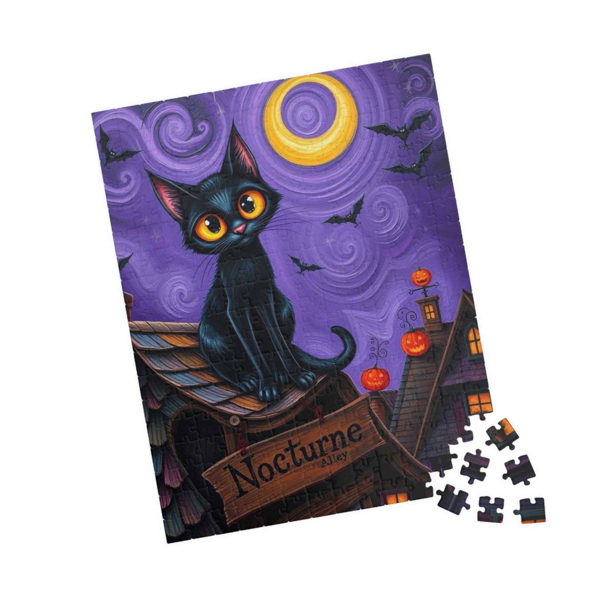 Crooked Rooftop Cat Jigsaw Puzzle, Halloween Black Cat 110, 252, 520, 1014-Piece, Spooky Moon Design, Game Night Activity, Family Fun