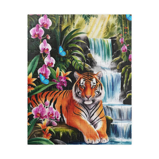 Puzzle, Tiger and Waterfall Scene, Jungle Wildlife Jigsaw, 110-1014 Piece, Relaxing Wildlife Puzzle, Family Fun Activity, Nature Lover Gift