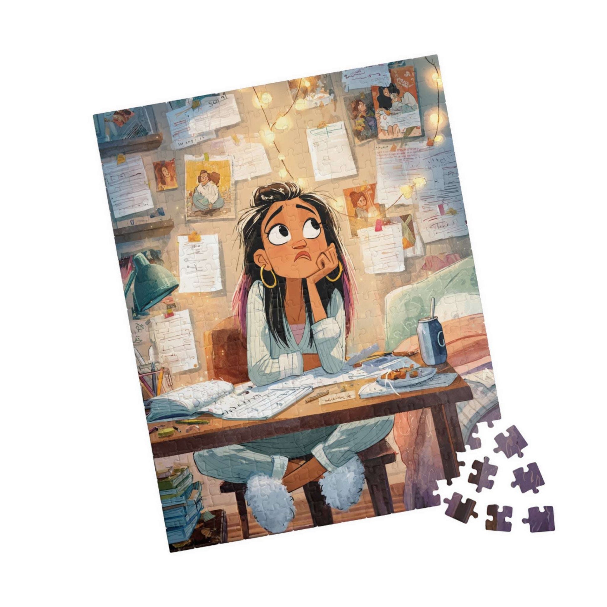 Funny Homework Cartoon Puzzle - Watercolor Jigsaw Game, Teen Girl Struggling at Desk 252 pcs (Vertical) Puzzle The Puzzle Chest