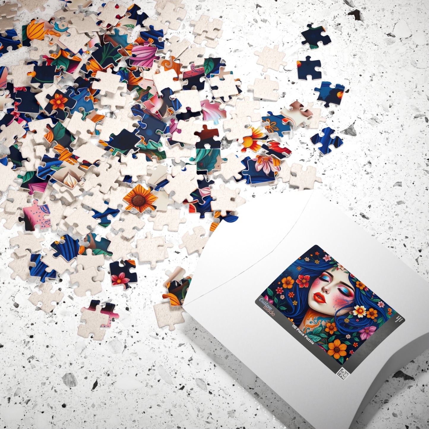 Floral Blue-Haired Woman Puzzle | Vibrant Portrait Jigsaw