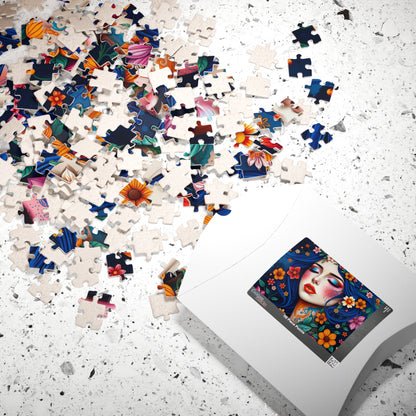 Floral Blue-Haired Woman Puzzle | Vibrant Portrait Jigsaw