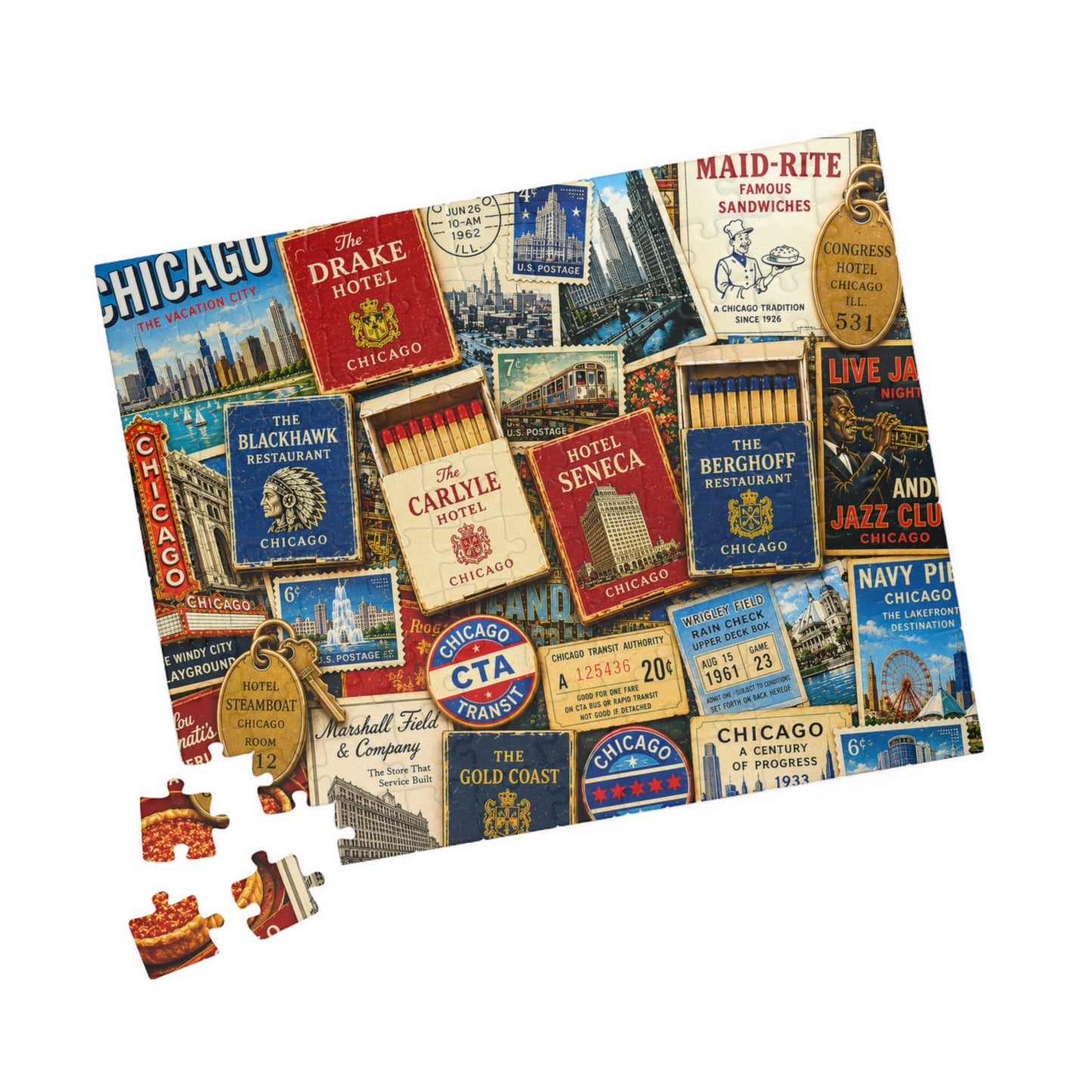 Vintage Chicago Matchbook Puzzle | Windy City Memorabilia Jigsaw | Historic Landmark Retro Midwest Nostalgia