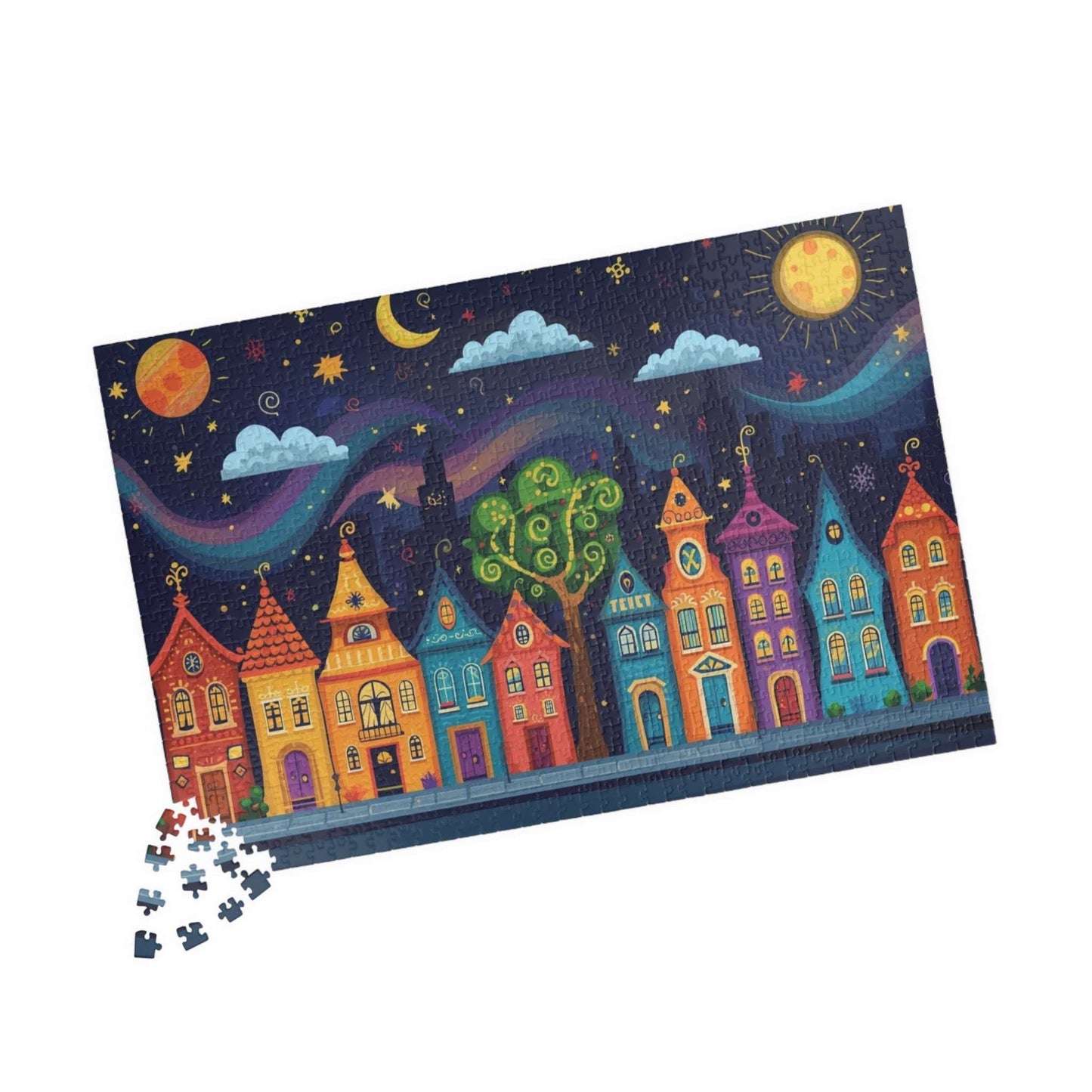 Raindrop Row Town Jigsaw Puzzle - Nighttime Village Puzzle Game 1014 pcs (Horizontal) Puzzle The Puzzle Chest