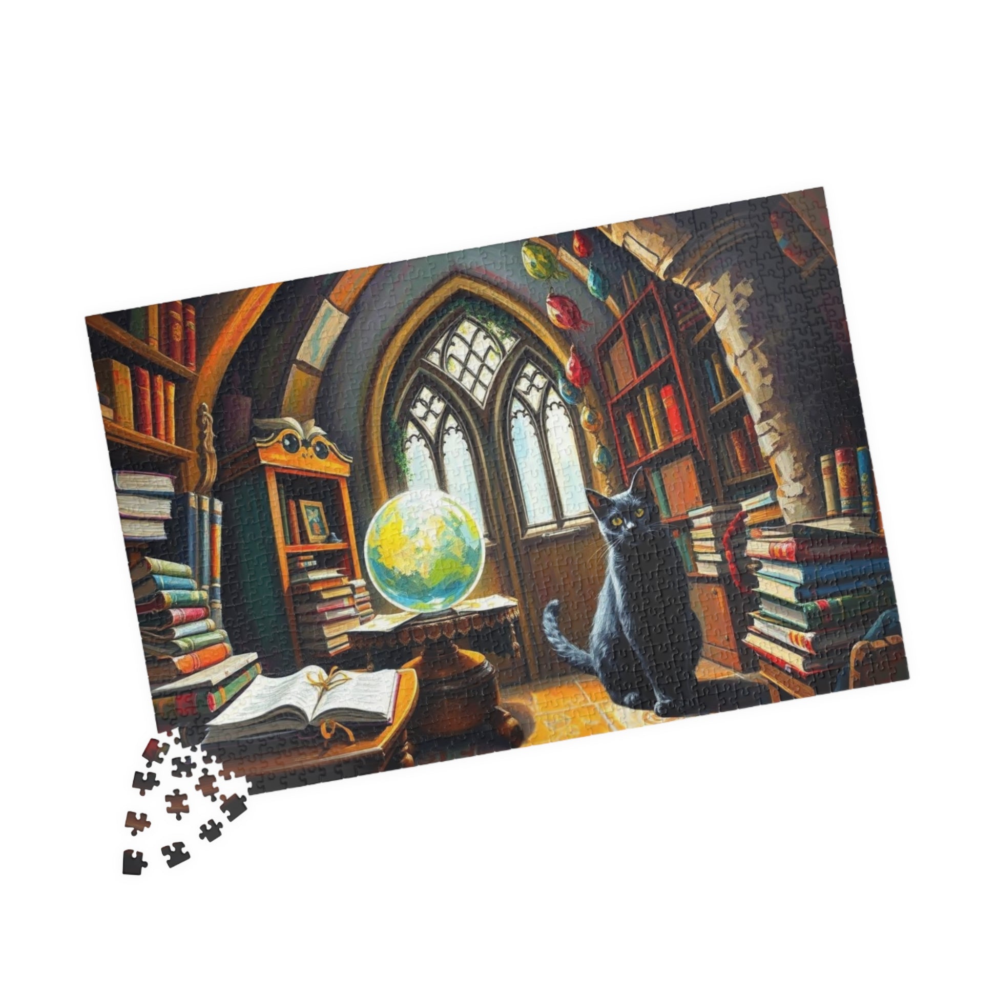 Cat Lover's Fantasy Puzzle, Cozy Gothic Library Scene, 110/252/520/1014-Piece Jigsaw, Gift for Cat Enthusiast, Home Décor, Fun Activity The Puzzle Chest