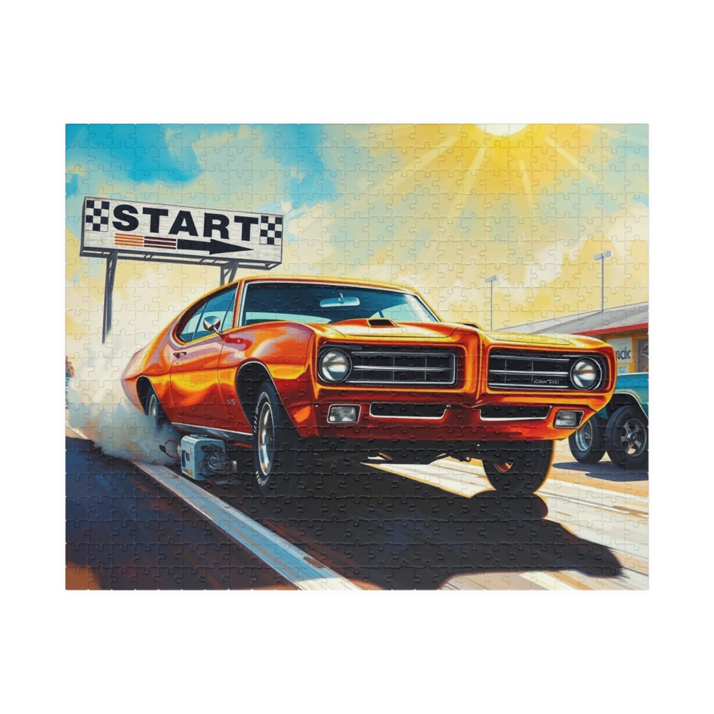 Vintage Muscle Car Puzzle, Classic Metallic Orange 1969 Pontiac GTO, Drag Race Strip Scene Jigsaw Game for Him, Mindful Puzzle Lover Gift 520 pcs (Horizontal) Puzzle The Puzzle Chest