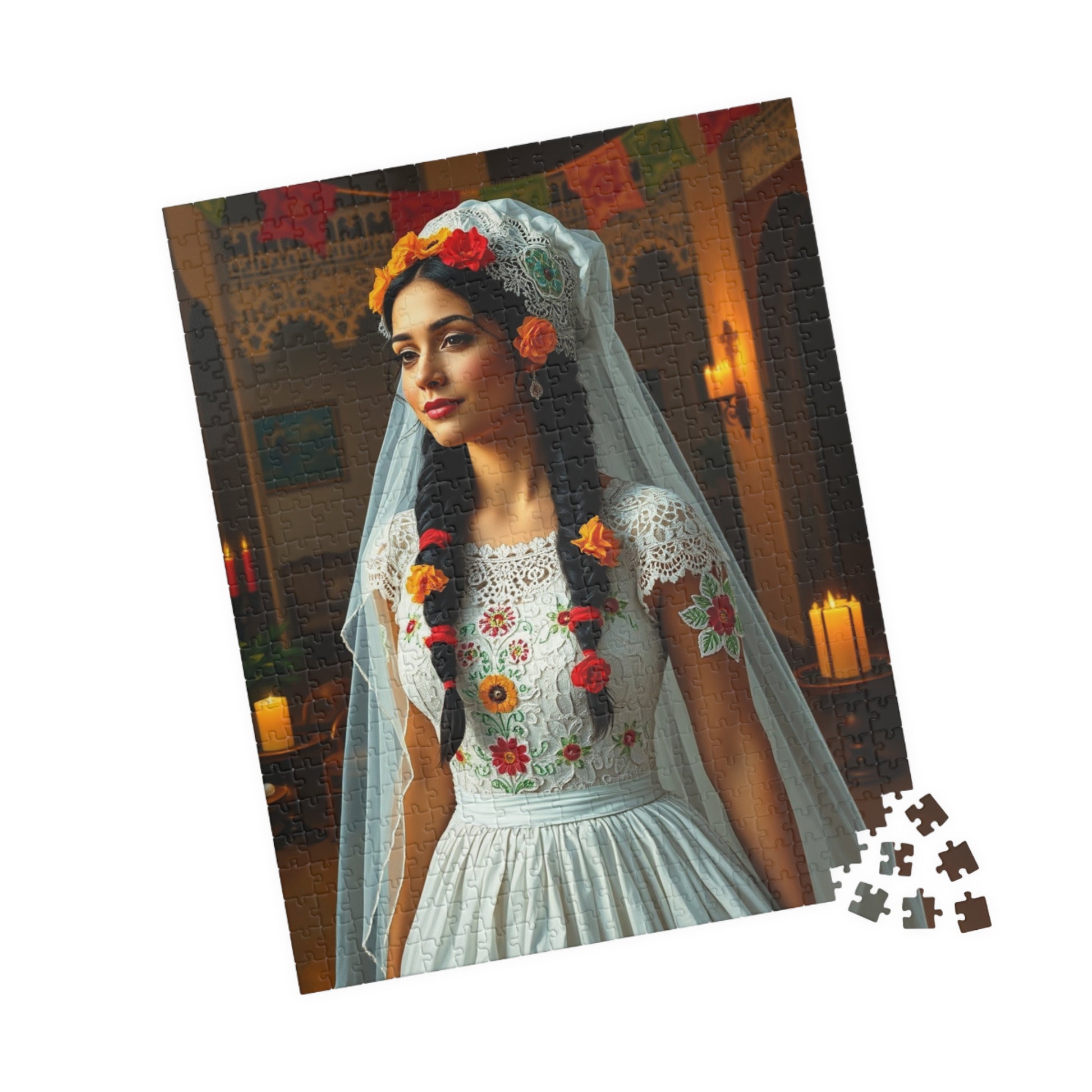 Elegant Mexican Bride Puzzle with Papel Picado Background, Hacienda Courtyard Wedding Jigsaw, Unique Gift for Puzzle Enthusiast Hobbyist Puzzle The Puzzle Chest