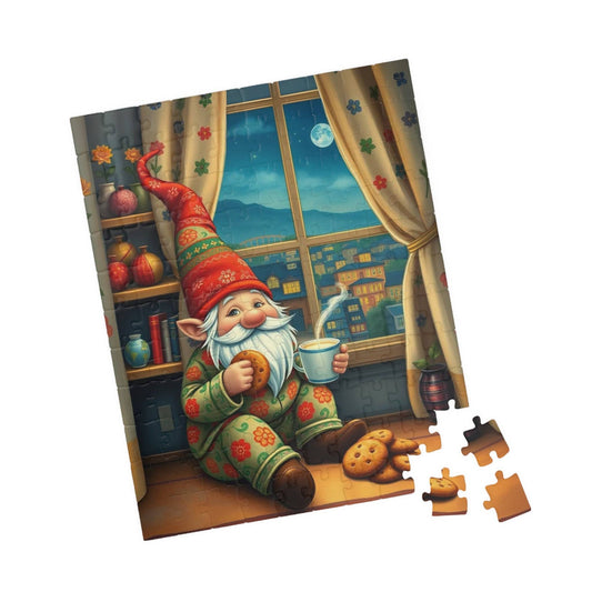 Gnome at Midnight Snack – Milk and Cookies Folk Art Jigsaw Puzzle 110 pcs (Vertical) Puzzle The Puzzle Chest