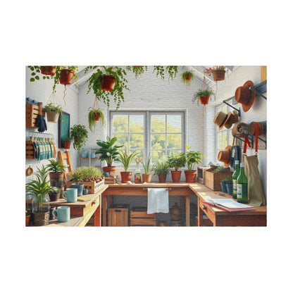 Bright Airy Garden Workshop Puzzle Featuring Wooden Crates, Hanging Plants and Whitewashed Walls, Gardening Lovers Jigsaw Game, Mindful Gift 1014 pcs (Horizontal) Puzzle The Puzzle Chest