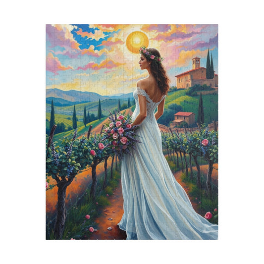 Whimsical Italian Bride Jigsaw Puzzle, White Gown Floral Crown Rose Bouquet, Tuscan Vineyard Romantic Wedding, Modern Art Lover Unique Gift 520 pcs (Vertical) Puzzle The Puzzle Chest