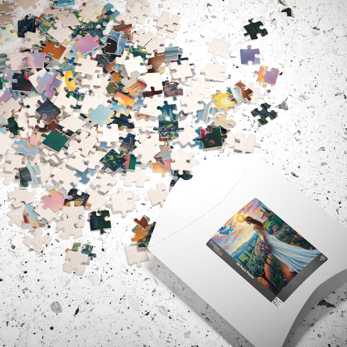 Whimsical Italian Bride Jigsaw Puzzle, White Gown Floral Crown Rose Bouquet, Tuscan Vineyard Romantic Wedding, Modern Art Lover Unique Gift Puzzle The Puzzle Chest