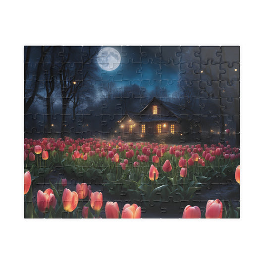 Moonlit Tulip Field Puzzle - Cozy Nighttime Landscape Puzzle, Nostalgic Vibe, Perfect Gift for Puzzle Lover, Fun Family Activity, Relaxation 110 pcs (Horizontal) Puzzle The Puzzle Chest