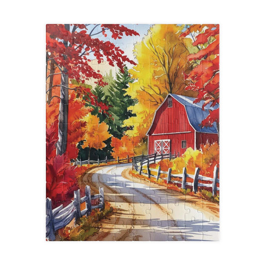 Classic New England Fall Landscape Puzzle, Scenic Winding Road and Barn, Vibrant Foliage and Wooden Fence, Ideal Gift for Nature Art Lover 110 pcs (Vertical) Puzzle The Puzzle Chest