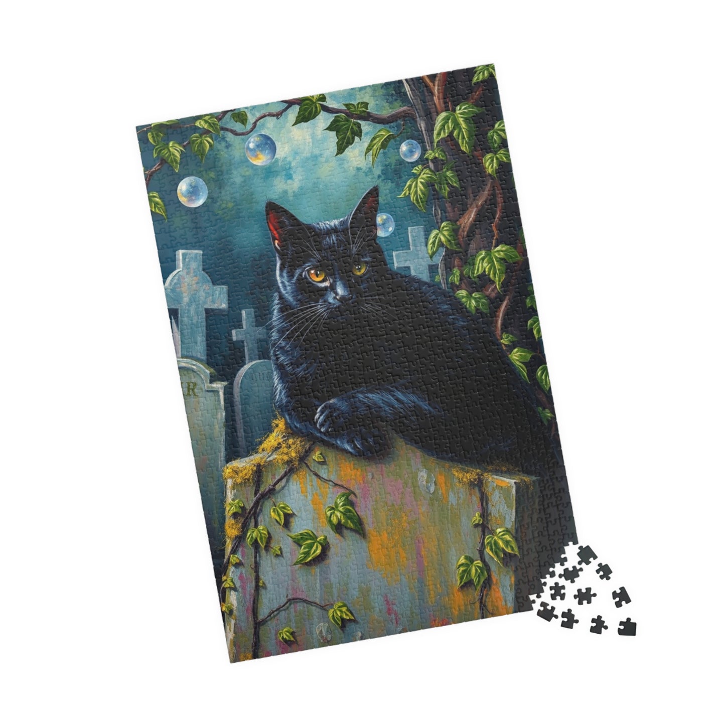 Gothic Puzzle, Black Cat Rests on Moss-Covered Tombstone, Eerie Atmosphere, Halloween Jigsaw Game, Spooky Home Decor, Creepy Cat Lover Gift Puzzle The Puzzle Chest