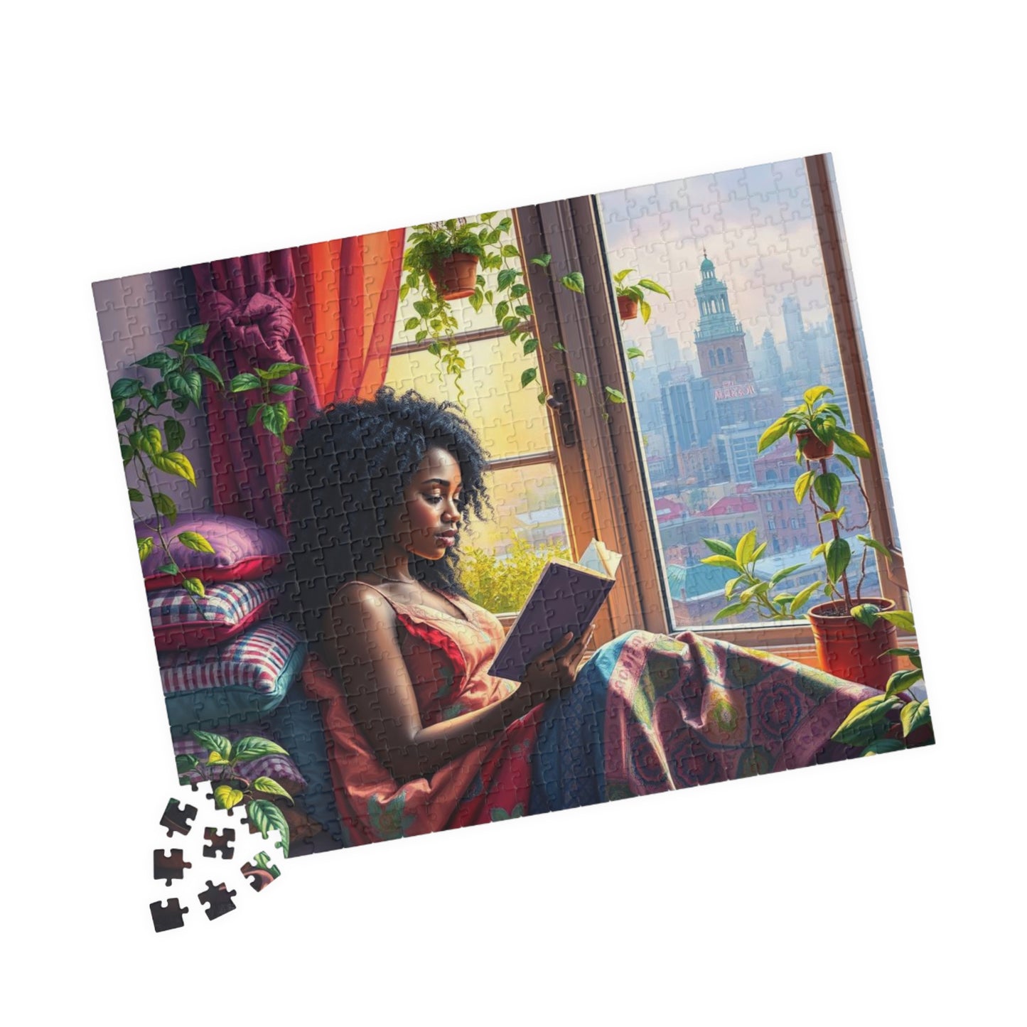 Black Woman Reading by Window Puzzle | Cozy Booklover Jigsaw Puzzle, City View