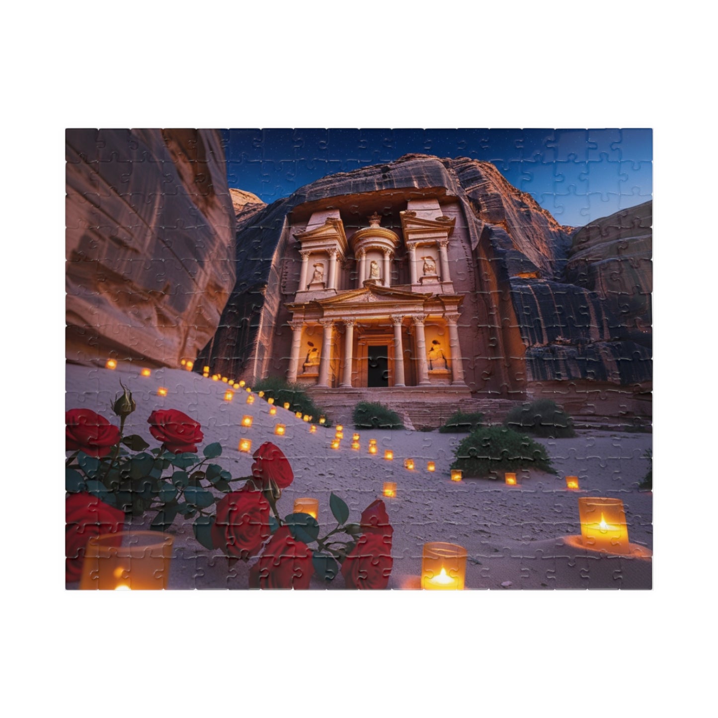 The Treasury at Petras Twilight Jigsaw Puzzle, Famous Ancient Landmark, Candlelit Lanterns Desert Roses, Mindfulness Gift for Puzzle Lover 252 pcs (Horizontal) Puzzle The Puzzle Chest