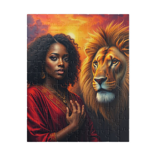 Empowering Lion and Woman Puzzle, Black Art Afrocentric Theme Jigsaw Game, Mindfulness Gift for Friends, Family Night, Home Entertainment 110 pcs (Vertical) Puzzle The Puzzle Chest