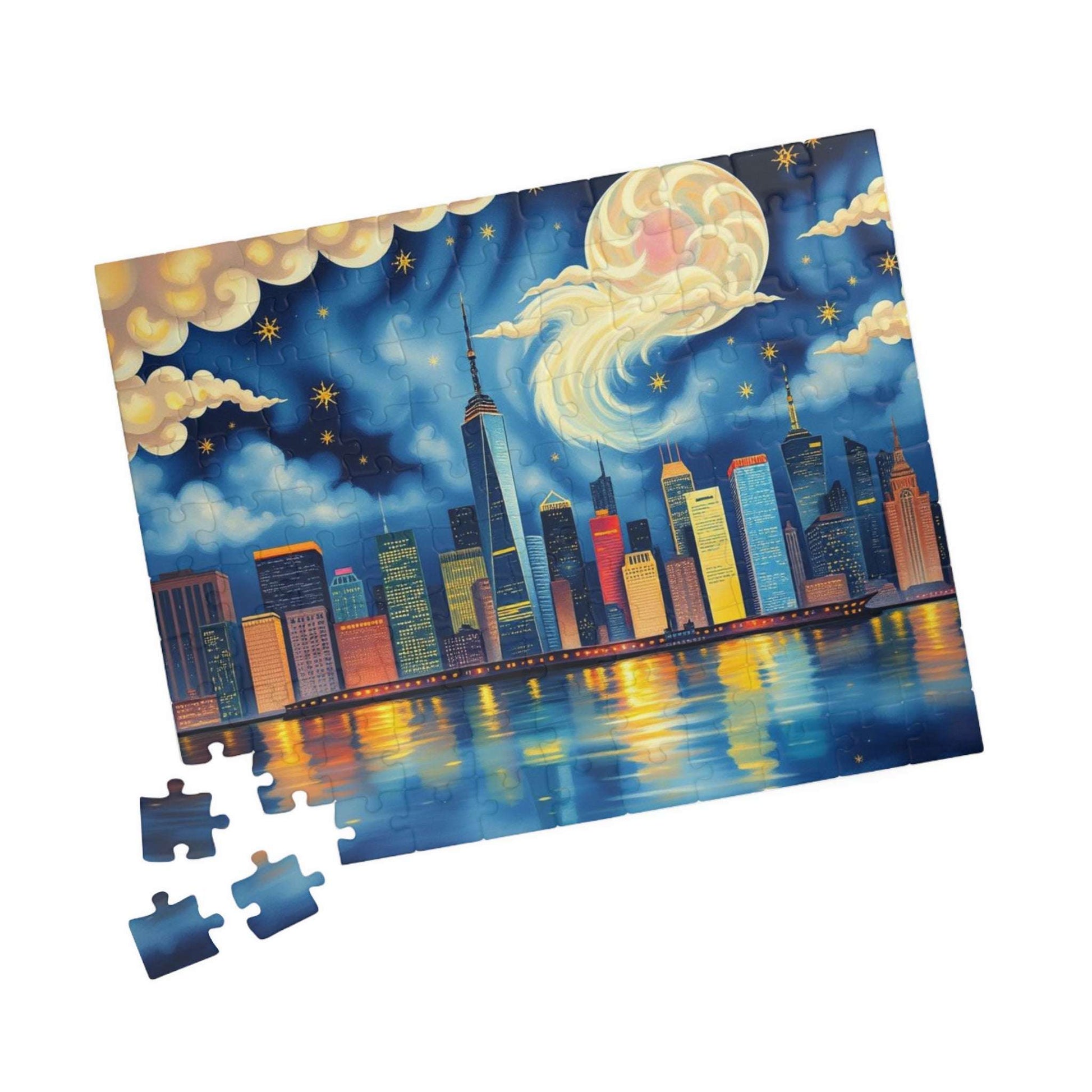 Manhattan City Skyline at Night Jigsaw Puzzle – Urban Landscape Brain Teaser Game for Adults & Teens 110 pcs (Horizontal) Puzzle The Puzzle Chest