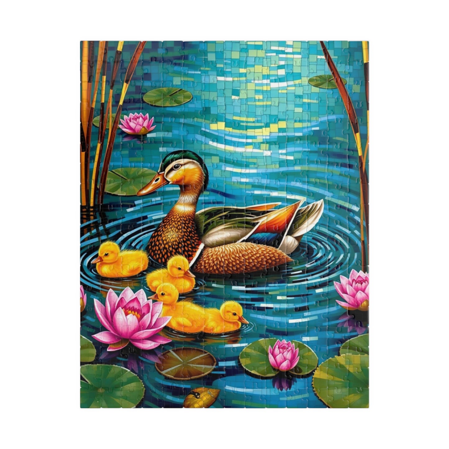 Waterfowl Mosaic Puzzle, Beautiful Mother Duck and Ducklings, Duck Family on a Lotus Pond Nature-Themed Jigsaw Game, Animal Bird Lover Gift 252 pcs (Vertical) Puzzle The Puzzle Chest
