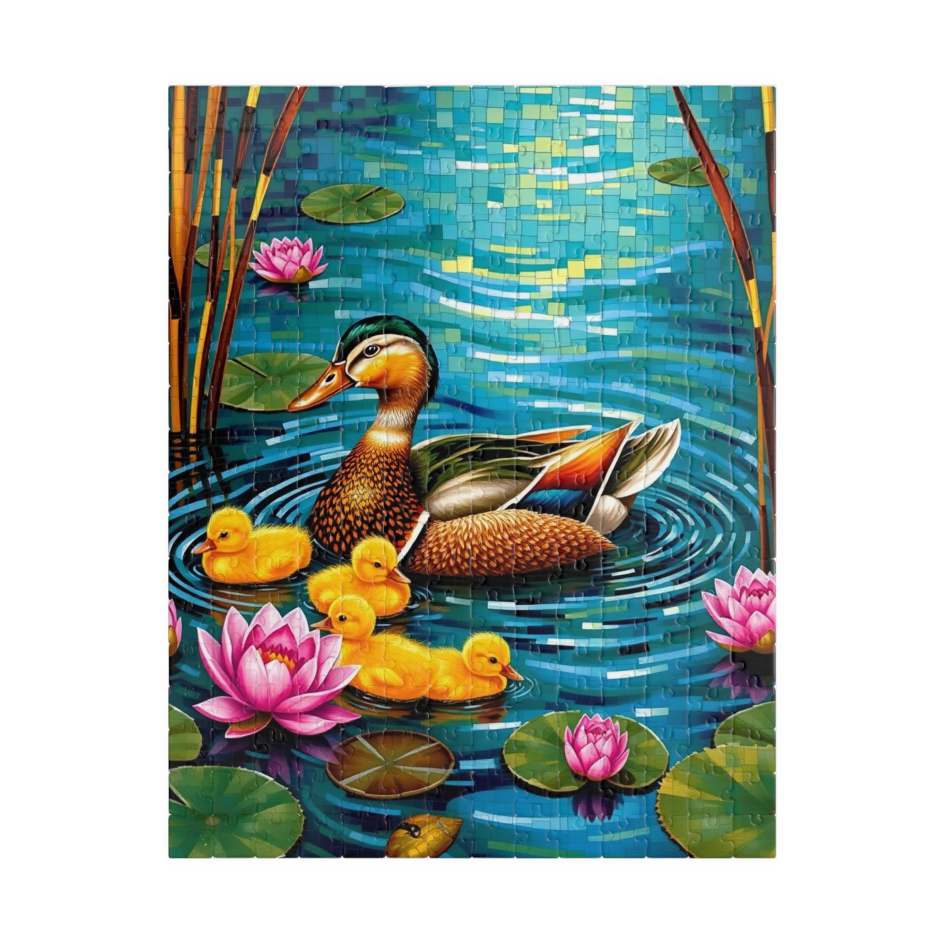 Waterfowl Mosaic Puzzle, Beautiful Mother Duck and Ducklings, Duck Family on a Lotus Pond Nature-Themed Jigsaw Game, Animal Bird Lover Gift 252 pcs (Vertical) Puzzle The Puzzle Chest