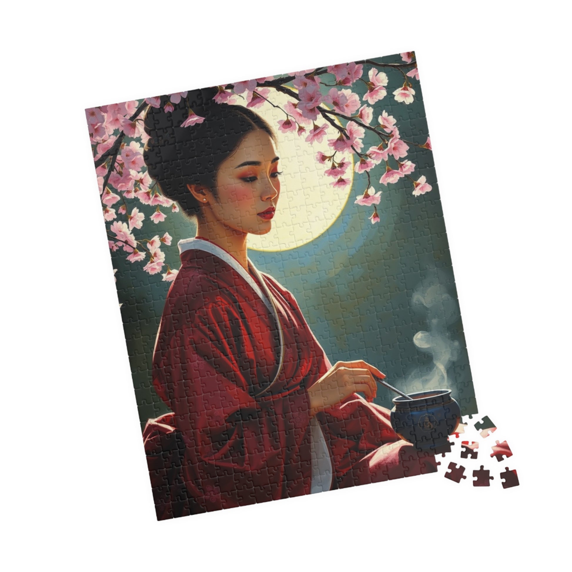 East Asian Cultural Jigsaw Puzzle (110-1014 Piece), Elegant Hanbok-Clad Woman, Traditional Tea Ceremony Under Cherry Blossom Tree, Best Gift Puzzle The Puzzle Chest