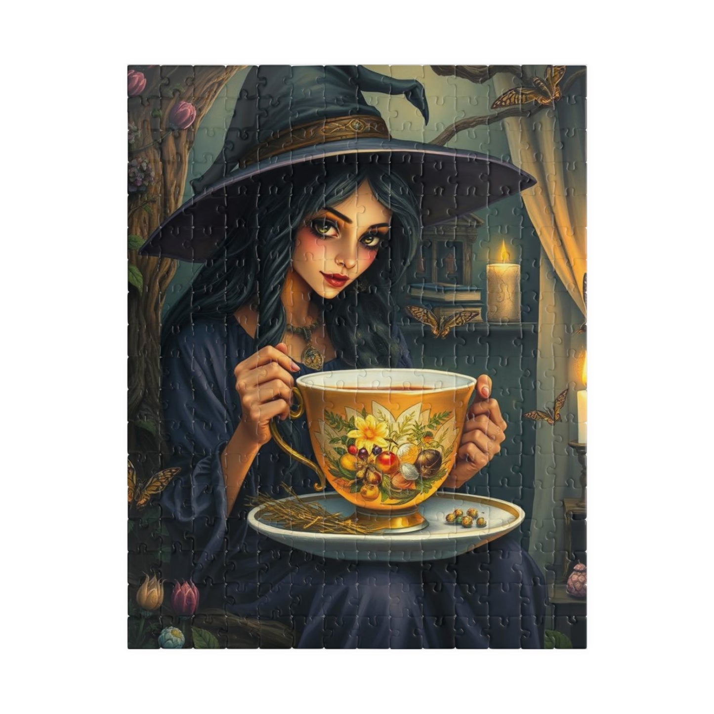 Witch's Teatime Jigsaw Puzzle, Spooky Fun for Halloween, Family Game Night, Cozy Nights, Unique Holiday Birthday Gift for Puzzle Lover