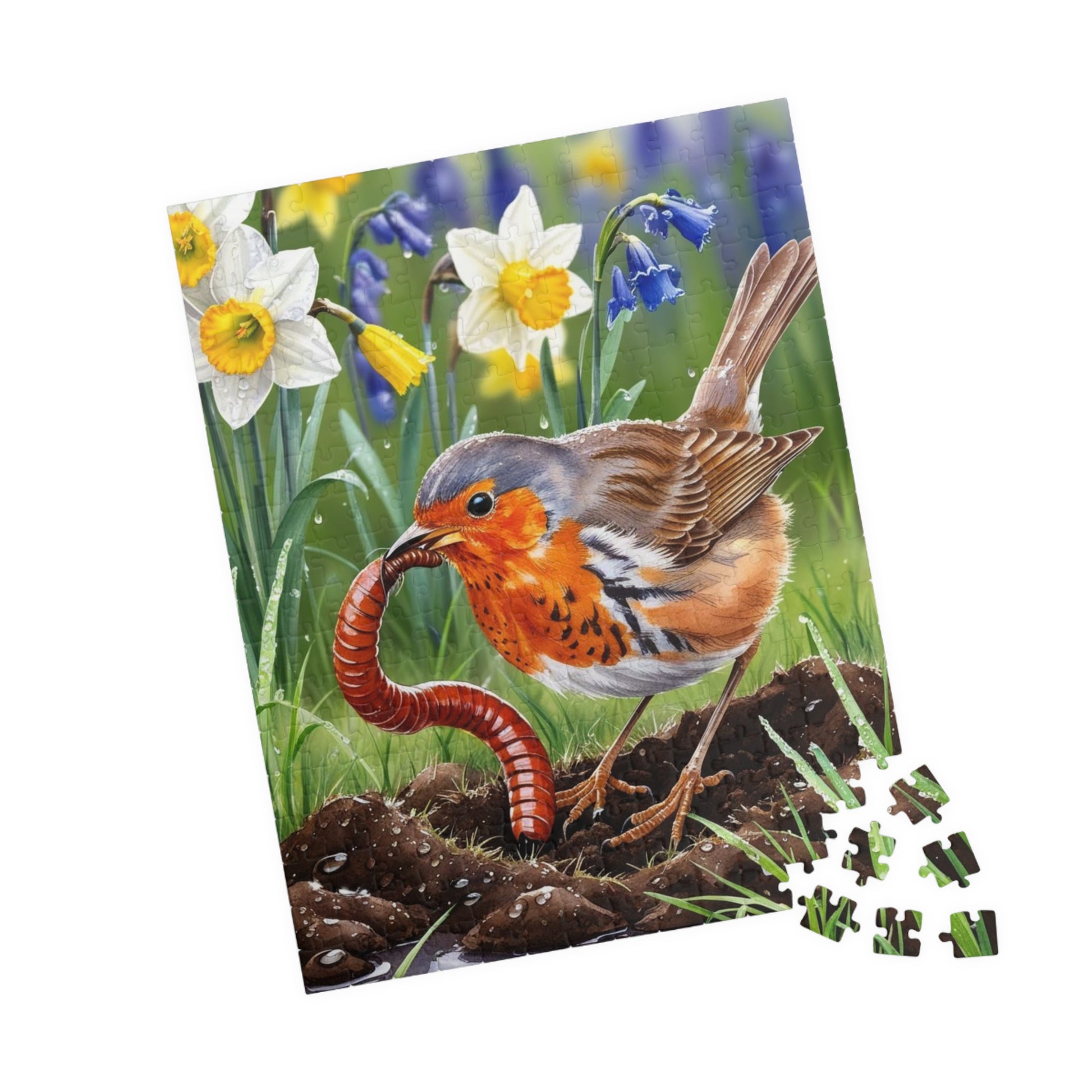 Robin and Worm Puzzle, Bird Spring Scene Flower Background Animal Jigsaw Game, 520-Piece Fun Family Activity, Gift Idea for Nature Lovers Puzzle The Puzzle Chest