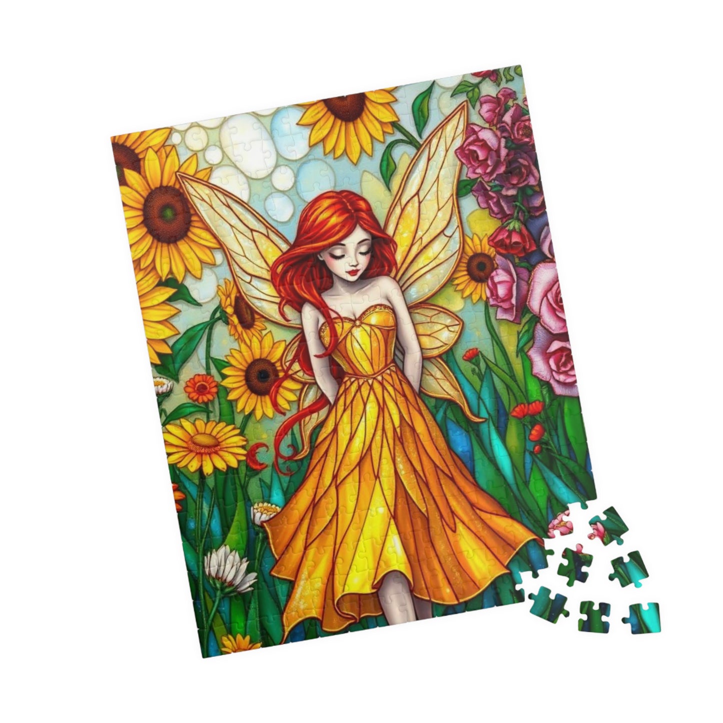 Fairy Sunflower Jigsaw Puzzle - Stained Glass Style, 110/252/520/1014-Piece, Hobby Game, Gift for Fantasy Lover Birthday Holiday