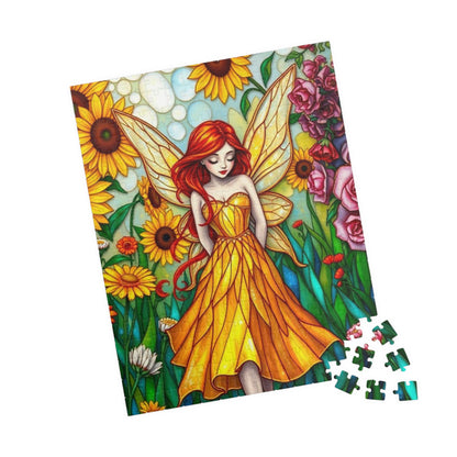 Fairy Sunflower Jigsaw Puzzle - Stained Glass Style, 110/252/520/1014-Piece, Hobby Game, Gift for Fantasy Lover Birthday Holiday
