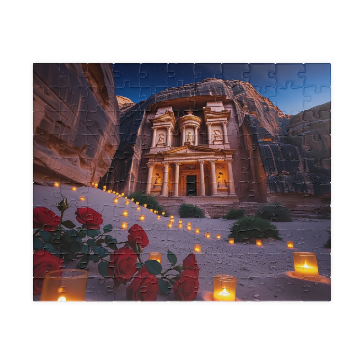 The Treasury at Petras Twilight Jigsaw Puzzle, Famous Ancient Landmark, Candlelit Lanterns Desert Roses, Mindfulness Gift for Puzzle Lover 110 pcs (Horizontal) Puzzle The Puzzle Chest