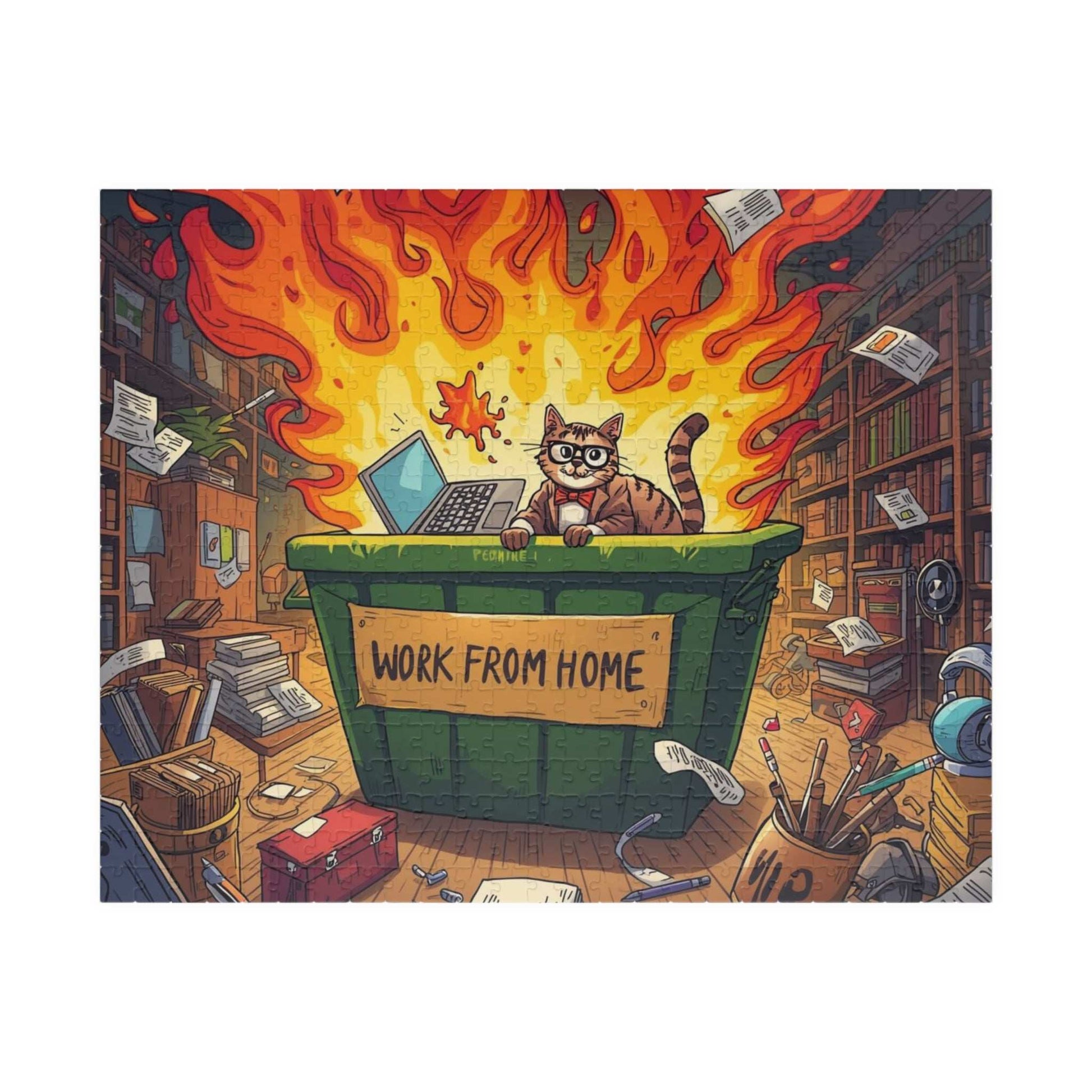 Funny Work From Home Jigsaw Puzzle - Cat Themed Dumpster Fire Meme, Humorous Holiday Birthday Gift for Friends, Family, Co-workers Puzzle The Puzzle Chest