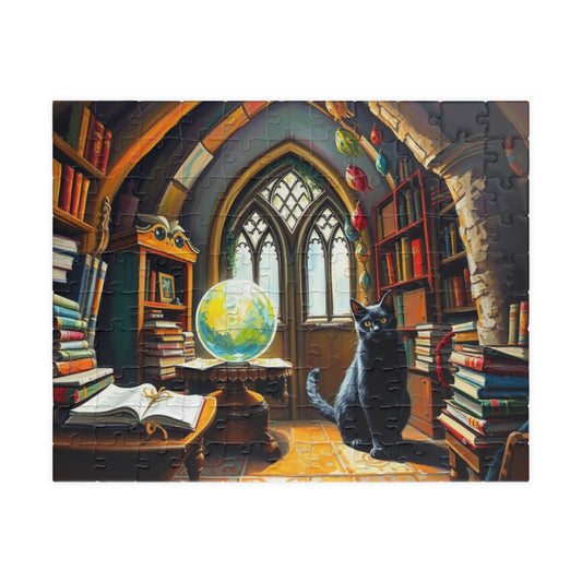 Cat Lover's Fantasy Puzzle, Cozy Gothic Library Scene, 110/252/520/1014-Piece Jigsaw, Gift for Cat Enthusiast, Home Décor, Fun Activity 110 pcs (Horizontal) The Puzzle Chest