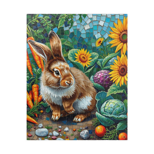 Fluffy Bunny Garden Mosaic Puzzle, Rabbit Near Carrots Cabbage and Sunflowers, Nature Animal Theme Jigsaw Game for Children and Adults, Gift 110 pcs (Vertical) Puzzle The Puzzle Chest