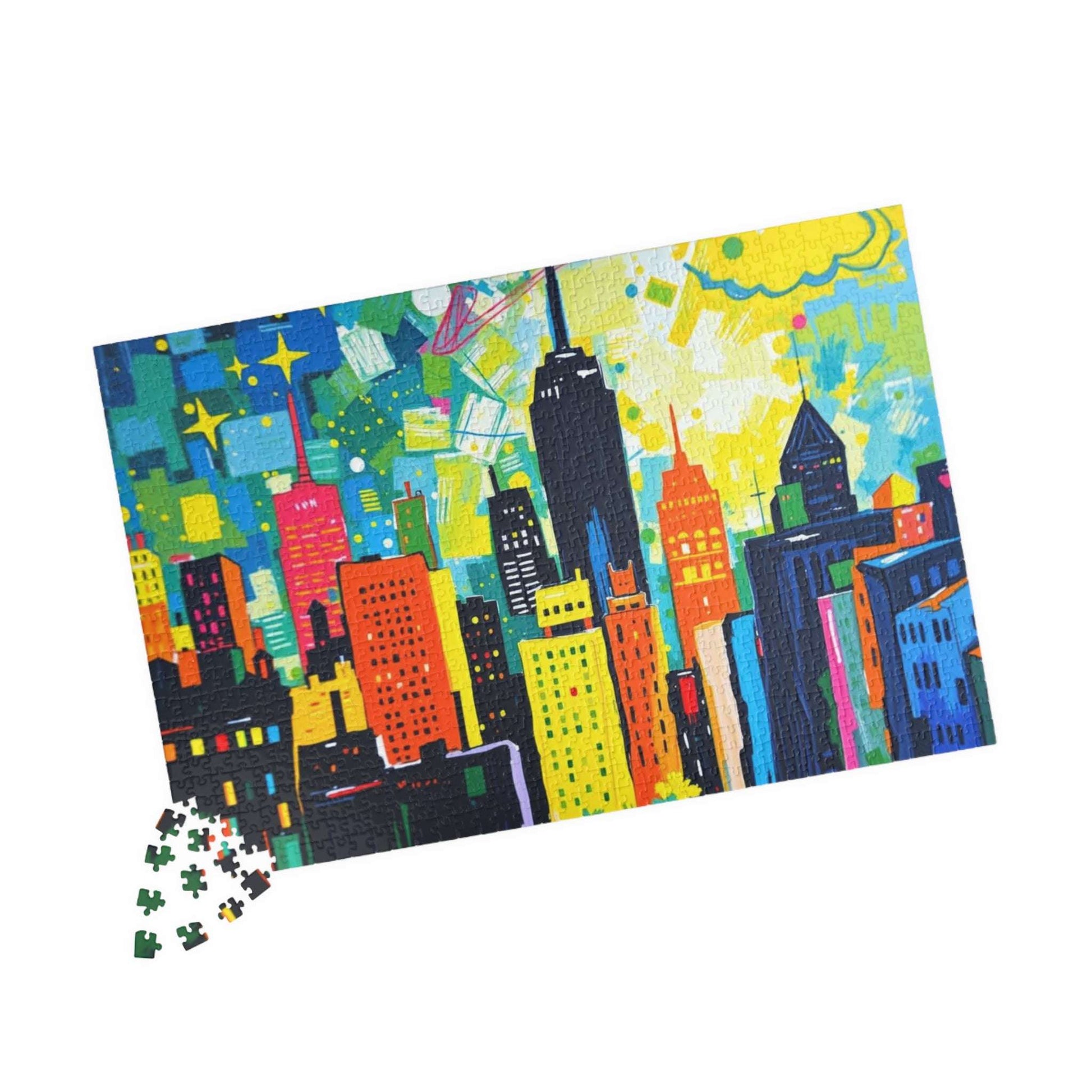 Skyscraper Splendor Jigsaw Puzzle - Vibrant Urban Glow Cityscape Puzzle for Adults