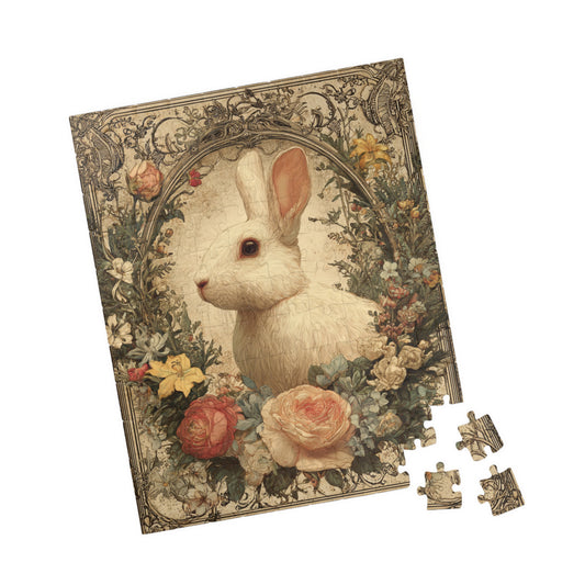 Floral Bunny Puzzle - Vintage Rabbit Art for Family Fun, Unique Gift, Home Decor, Easter Celebration, Collectible Jigsaw 110 pcs (Vertical) Puzzle The Puzzle Chest