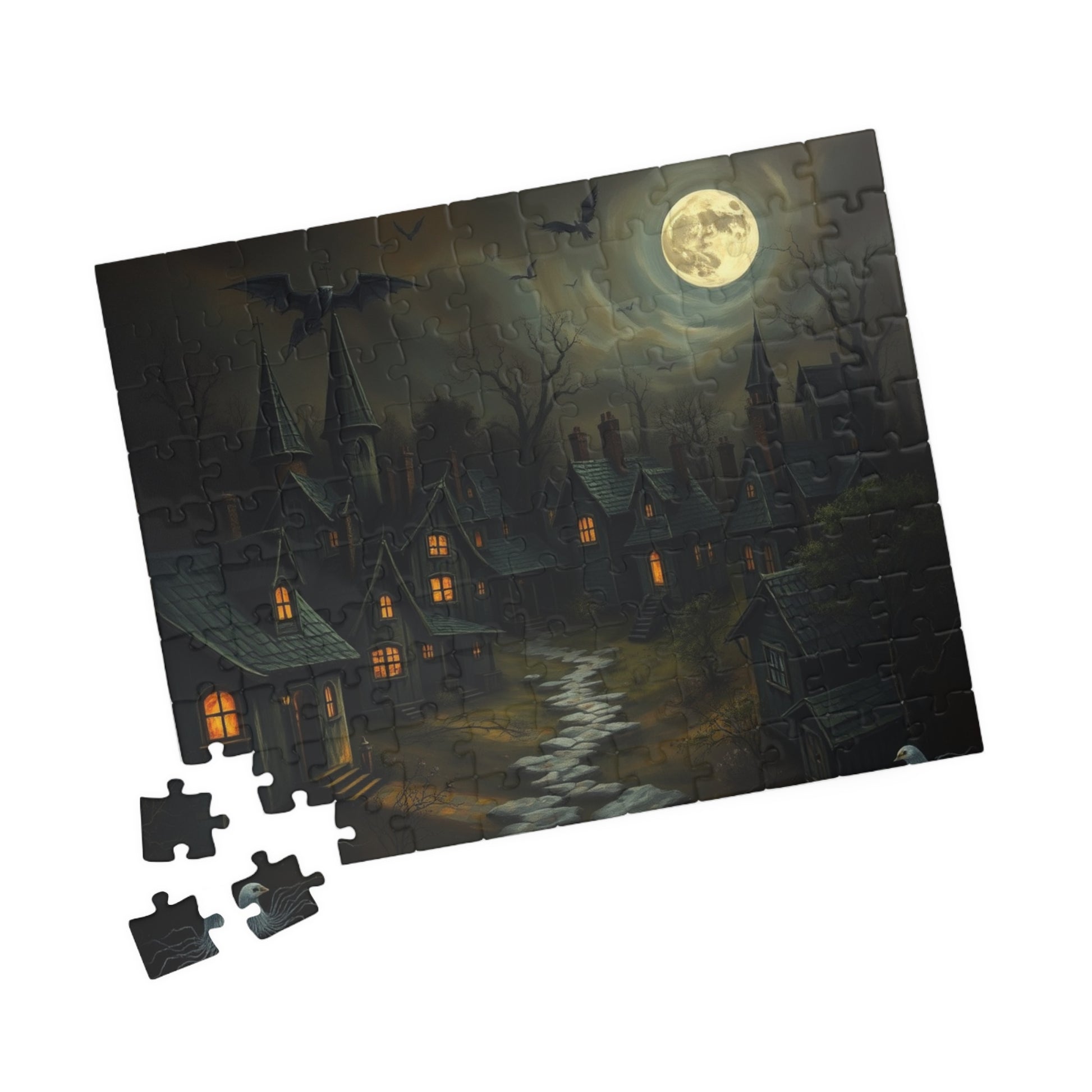 Eerie Village Puzzle (110, 252, 520, 1014-piece), Black Houses Glowing Windows and Full Moon, Spooky Nighttime Scene, Gothic Lover Gift The Puzzle Chest