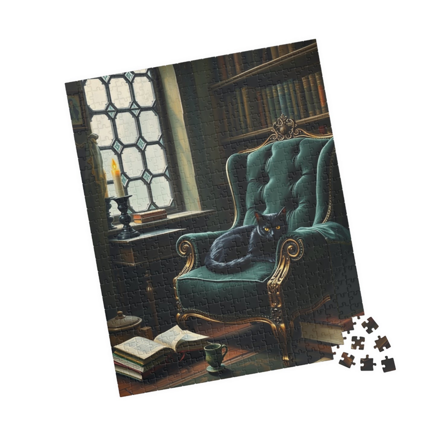 Cozy Gothic Cat Library Puzzle, 110/252/520/1014-Piece Solo Game, Gift Idea for Dark Fantasy Art Enthusiast and Cat Lover, Relaxing Activity Puzzle The Puzzle Chest