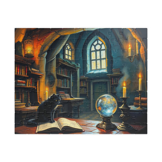 Mystical Library Puzzle, Enchanting Artwork Jigsaw, Cozy Game Night Activity, Cat Lovers Gift 110 pcs (Horizontal) Puzzle The Puzzle Chest