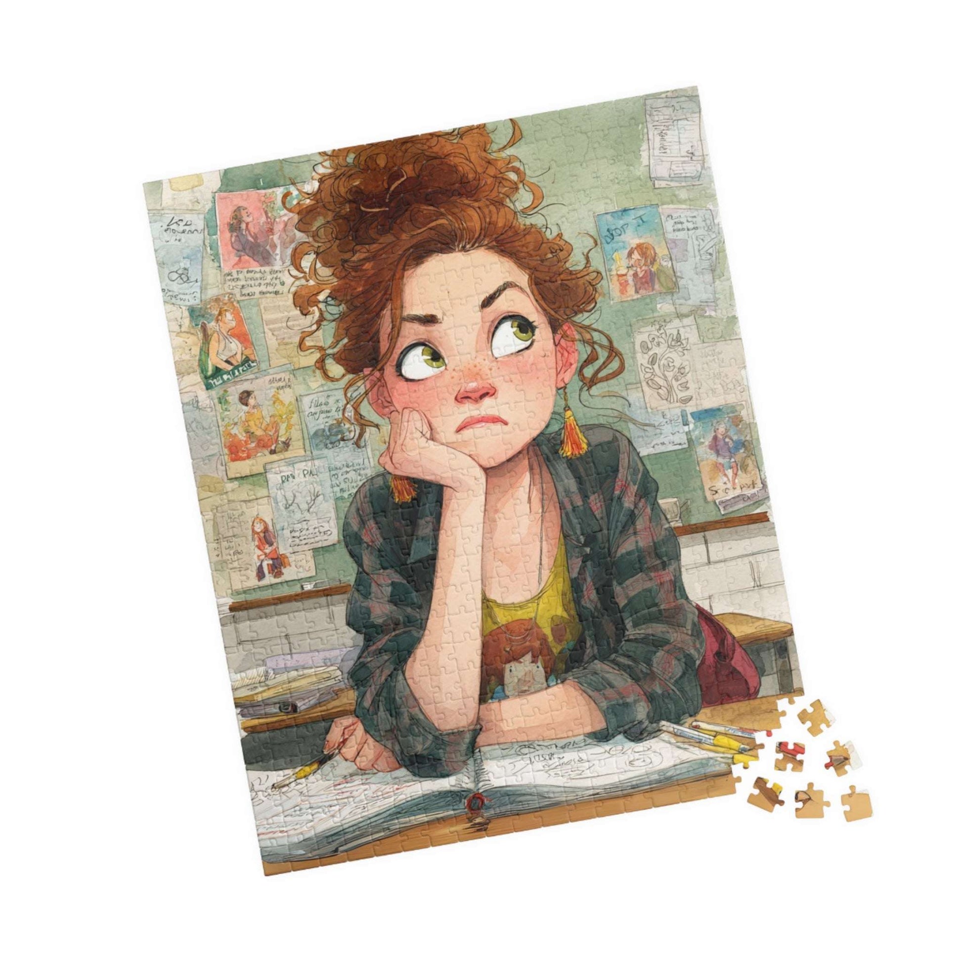 Funny Student Classroom Cartoon Puzzle - Girl at Desk with Whimsical School Background 520 pcs (Vertical) Puzzle The Puzzle Chest