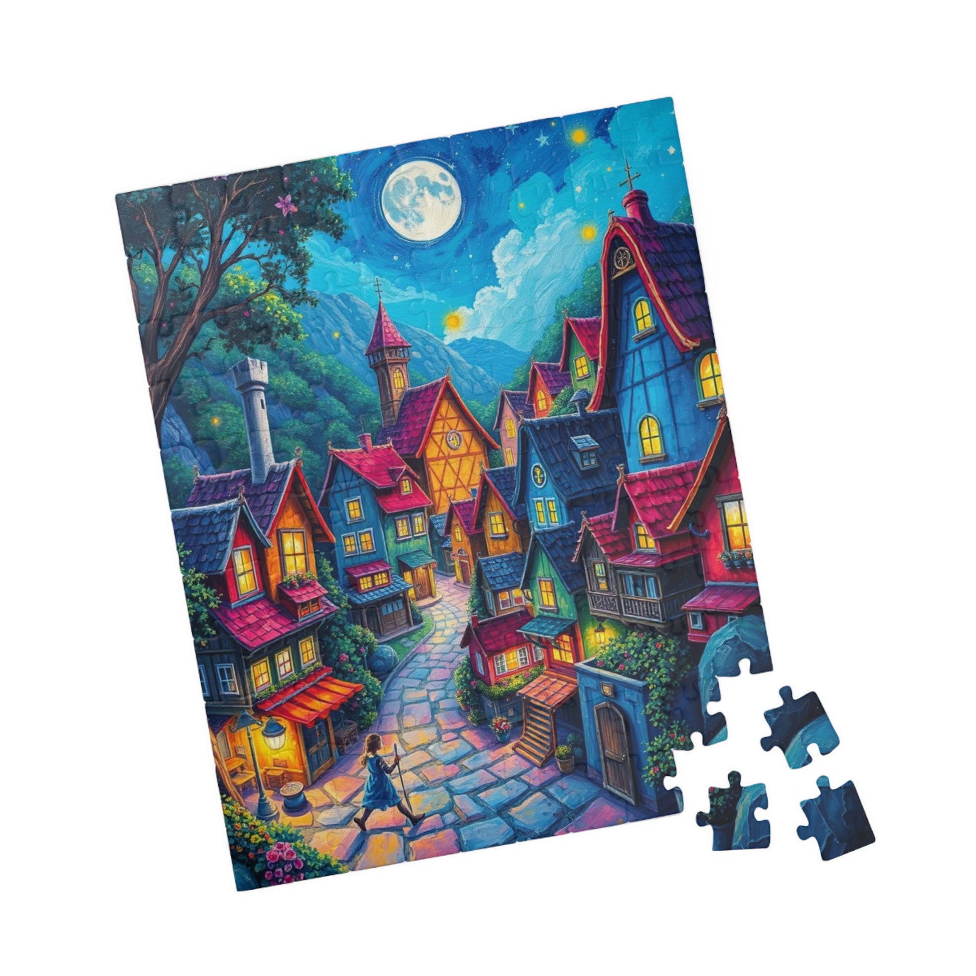 Vibrant Village Puzzle (110-1014 Piece), Cozy Moonlit Town Jigsaw Game for Adults, Family Activity, Gift for Puzzle Lovers, Mindfulness The Puzzle Chest
