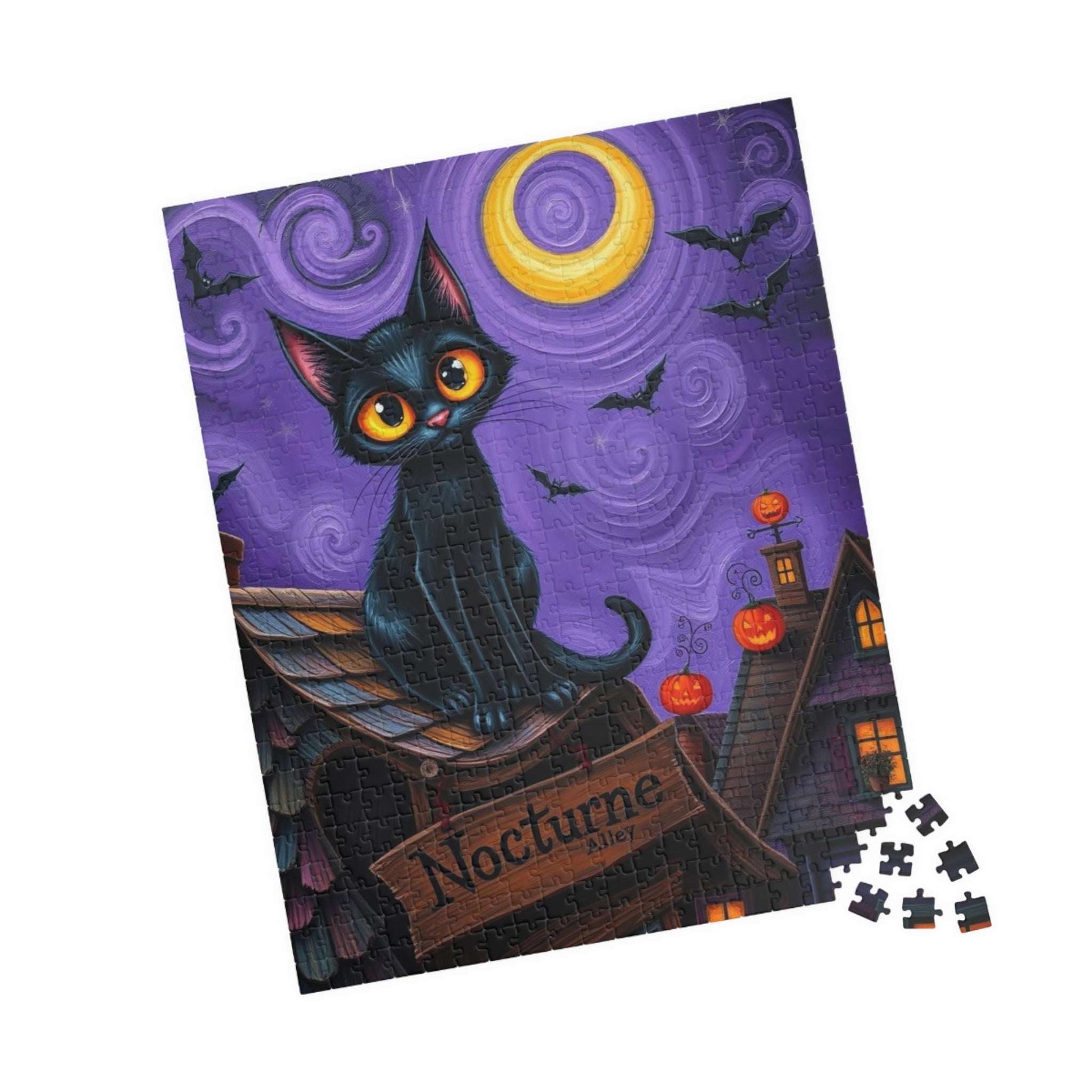 Crooked Rooftop Cat Jigsaw Puzzle, Halloween Black Cat 110, 252, 520, 1014-Piece, Spooky Moon Design, Game Night Activity, Family Fun