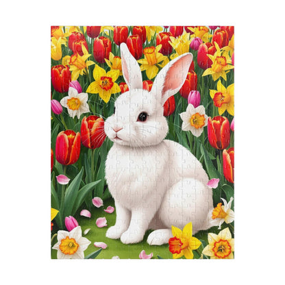 Puzzle - Fluffy Rabbit in Colorful Garden with Tulips and Daffodils, Fun Nature Jigsaw Game, Relaxing Hobby, Easter Gift, Mindful Activity 252 pcs (Vertical) Puzzle The Puzzle Chest