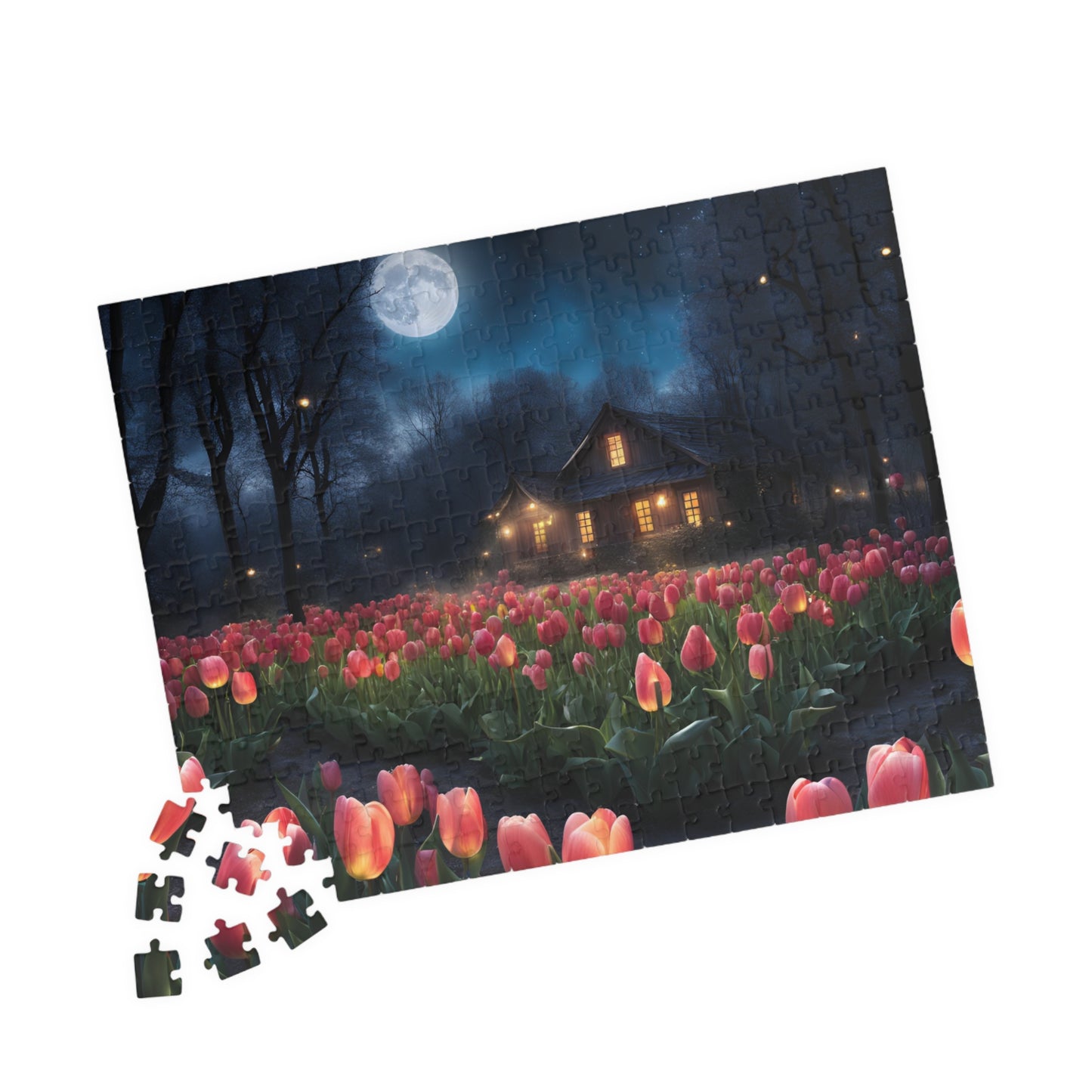 Moonlit Tulip Field Puzzle - Cozy Nighttime Landscape Puzzle, Nostalgic Vibe, Perfect Gift for Puzzle Lover, Fun Family Activity, Relaxation Puzzle The Puzzle Chest